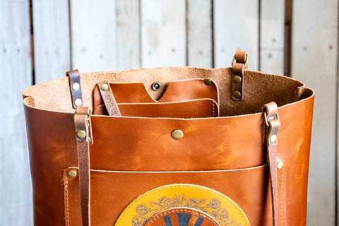 LIMITED EDITION Leather Tote Bag | Icon Collection | The Grateful Mandala Tote | Medium Bourbon