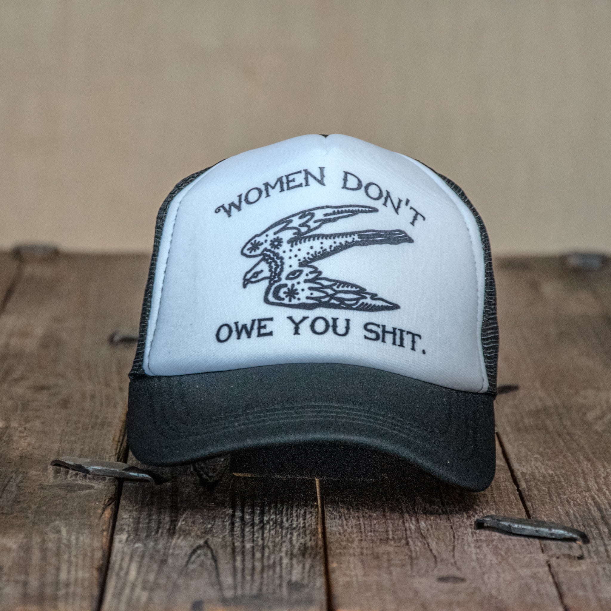 Trucker Hat | Hand Printed | Women Don't Owe You bird | Black Hat