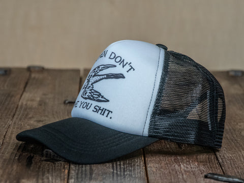 Trucker Hat | Hand Printed | Women Don't Owe You bird | Black Hat