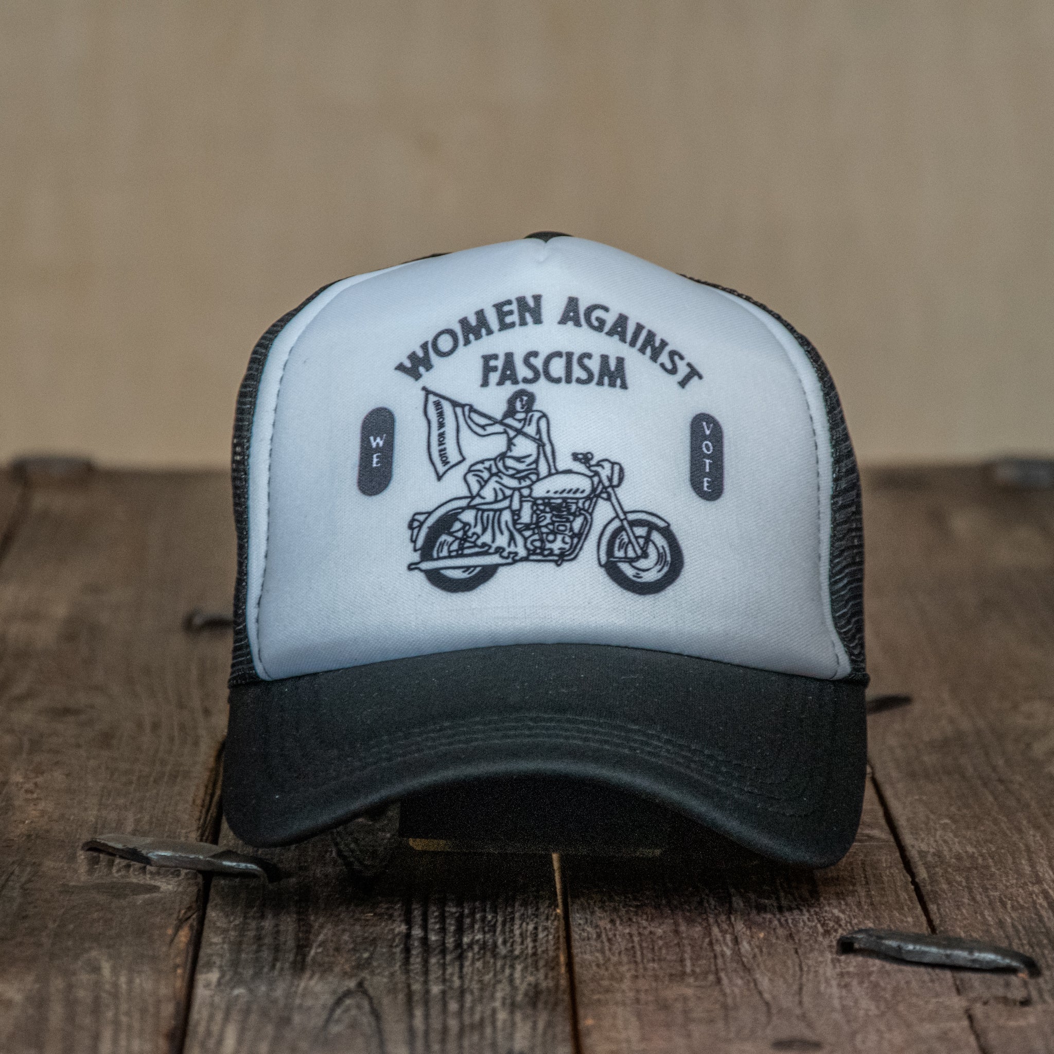 Trucker Hat | Hand Printed | Women Against Fascism | Black Hat