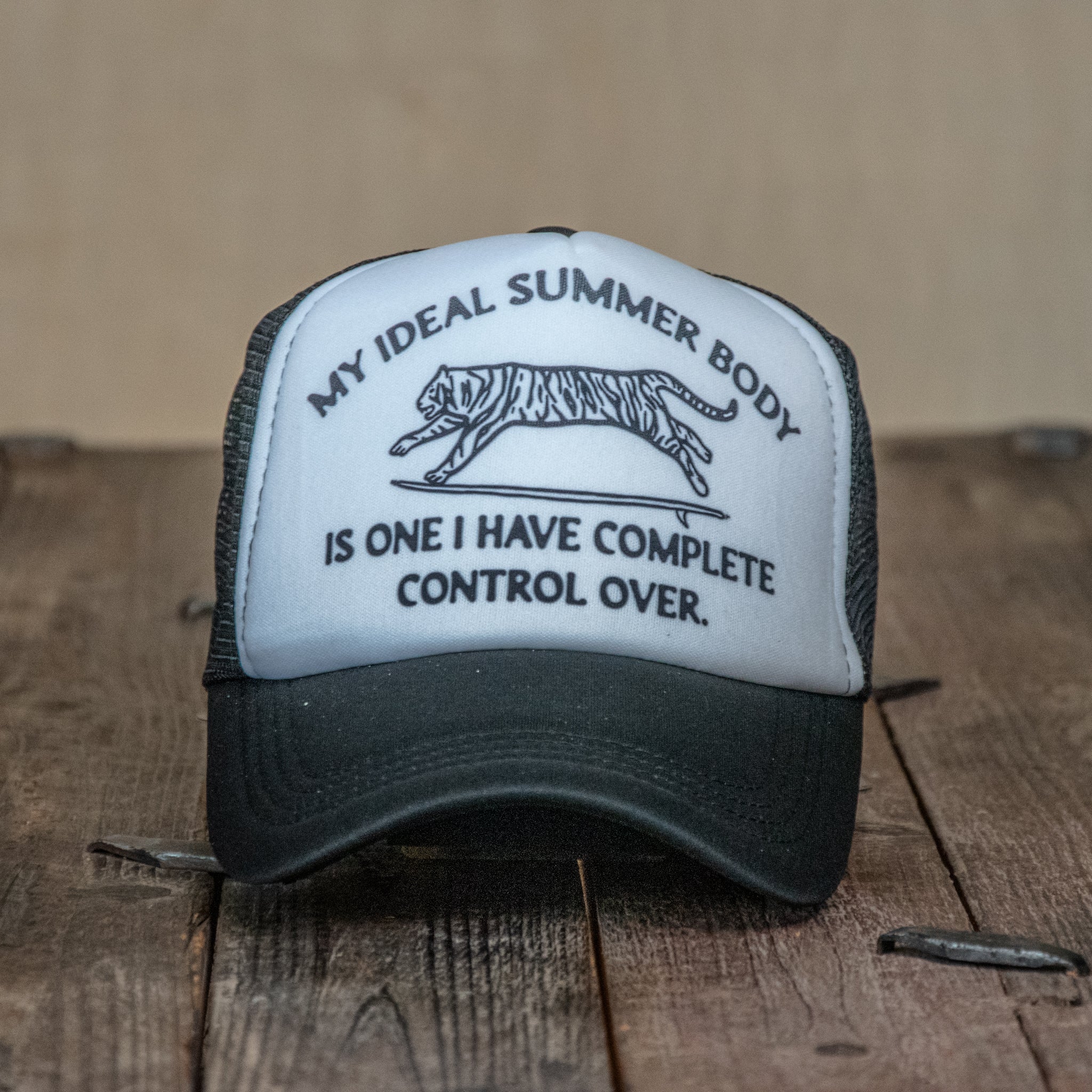 Trucker Hat | Hand Printed | My Ideal Summer Body Tiger | Black Hat