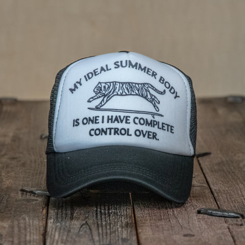 Trucker Hat | Hand Printed | My Ideal Summer Body Tiger | Black Hat