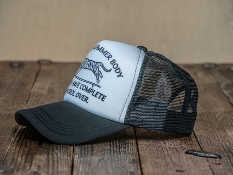 Trucker Hat | Hand Printed | My Ideal Summer Body Tiger | Black Hat