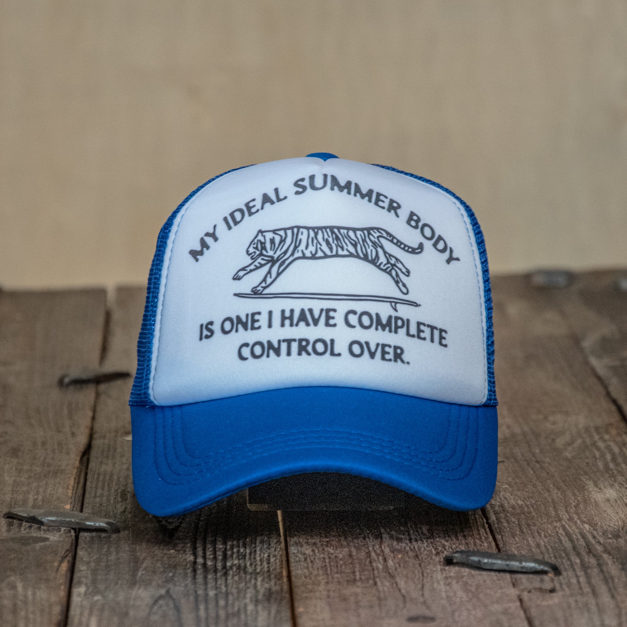 Trucker Hat | Hand Printed | My Ideal Summer Body Tiger | Blue Hat