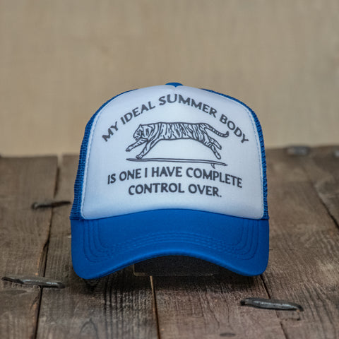 Trucker Hat | Hand Printed | My Ideal Summer Body Tiger | Blue Hat