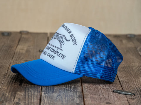 Trucker Hat | Hand Printed | My Ideal Summer Body Tiger | Blue Hat