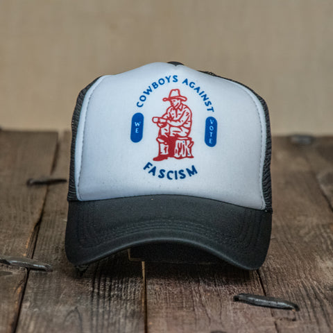 Trucker Hat | Hand Printed | Cowboys Against Fascism | Black Hat