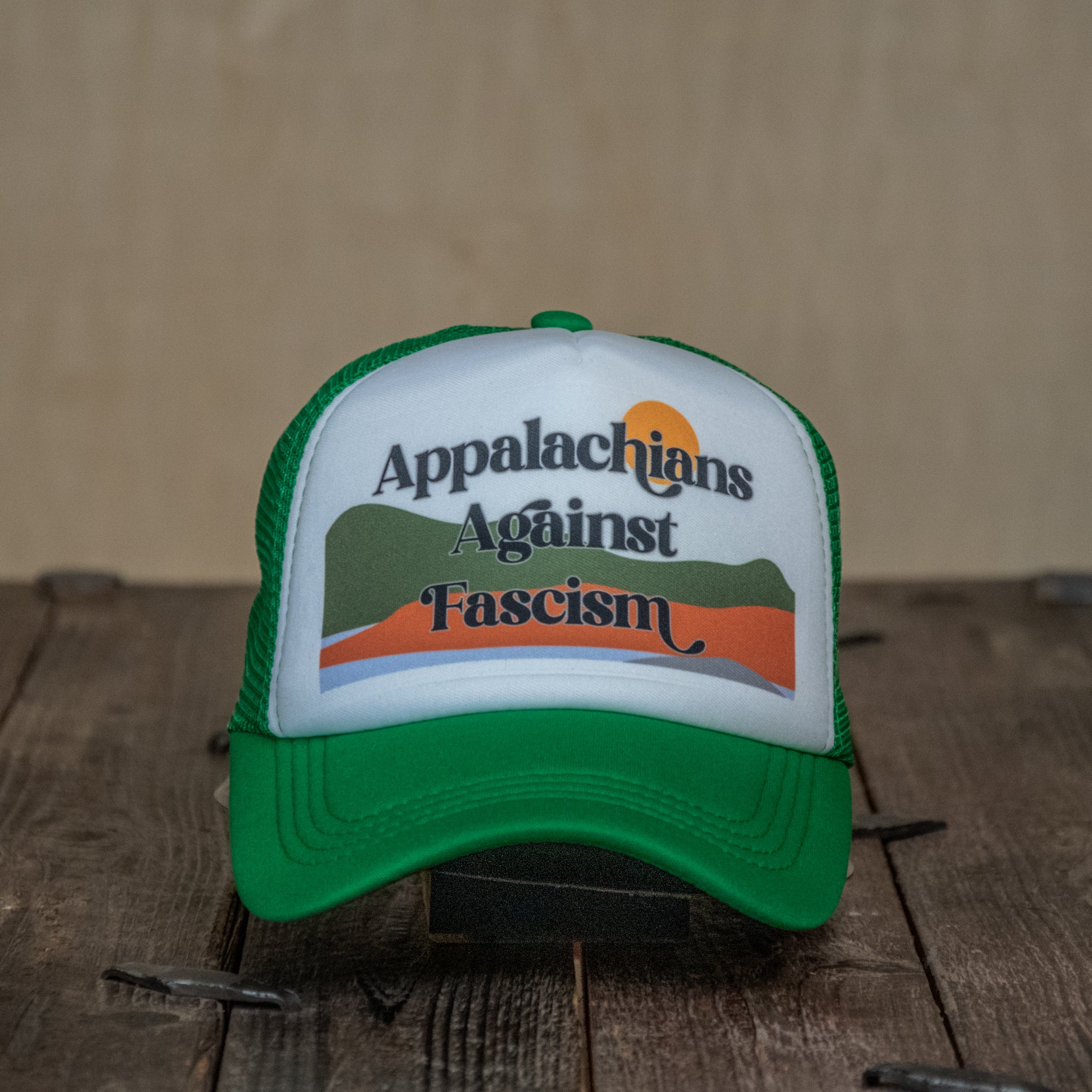 Trucker Hat | Hand Printed | Appalachians Against Fascism | Green Hat