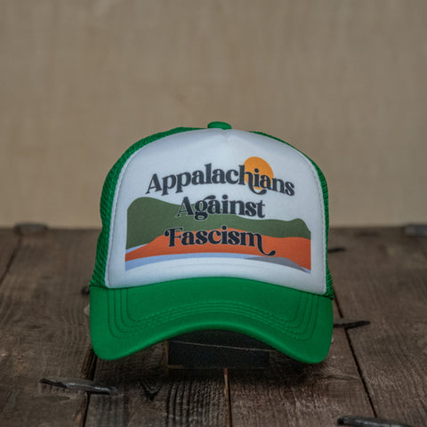 Trucker Hat | Hand Printed | Appalachians Against Fascism | Green Hat
