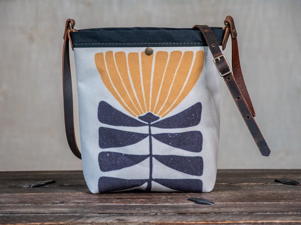 Ready to Ship | SMALL Canvas and Leather Tote Bag Mustard Flower | Handprinted | In Blue + Camp Blue collab