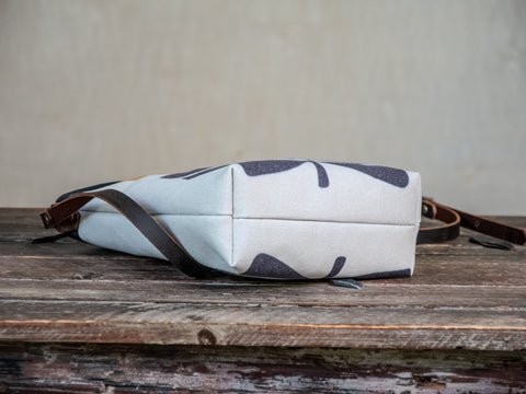 Ready to Ship | SMALL Canvas and Leather Tote Bag Mustard Flower | Handprinted | In Blue + Camp Blue collab