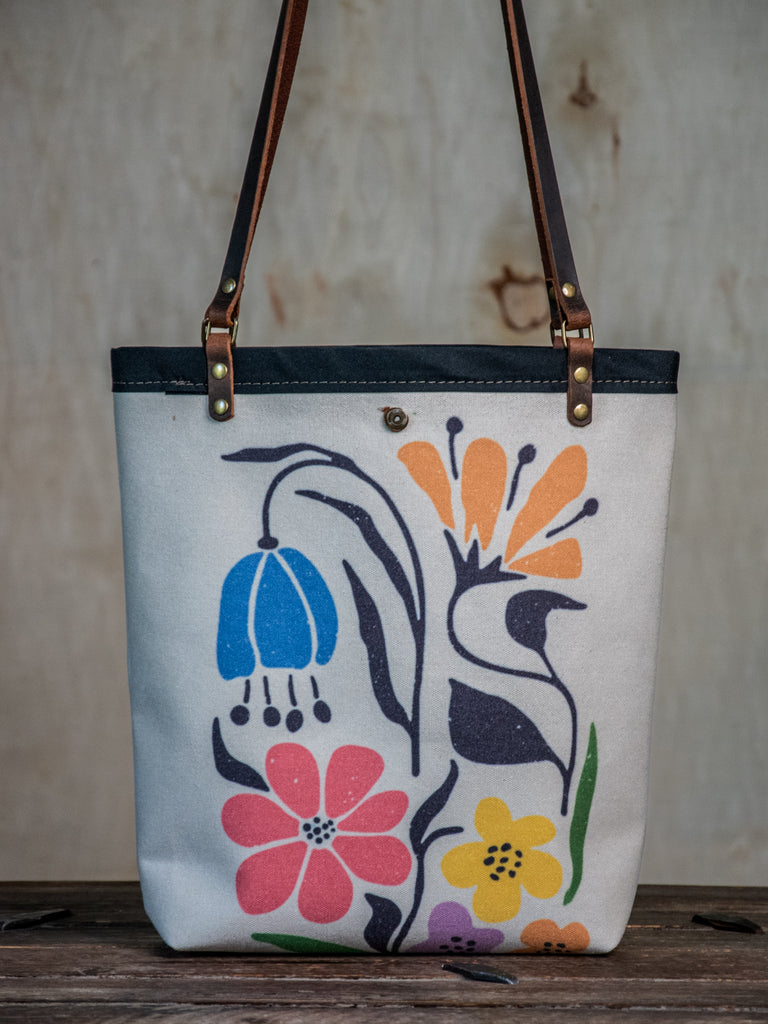 Ready to Ship | Canvas and Leather tote Happy Floral | Handprinted | In Blue + Camp Blue collab