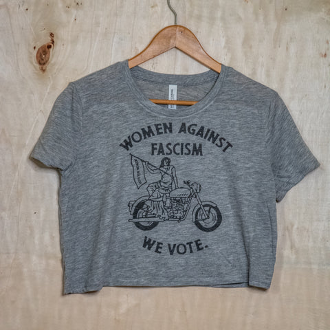Handprinted Made in USA T-shirt | Women Against Fascism | Heather Grey Crop