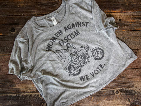 Handprinted Made in USA T-shirt | Women Against Fascism | Heather Grey Crop