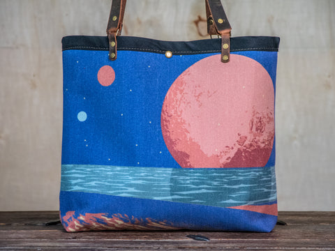 Canvas and Leather LARGE Farmer's Market Tote | Handprinted Spacescape