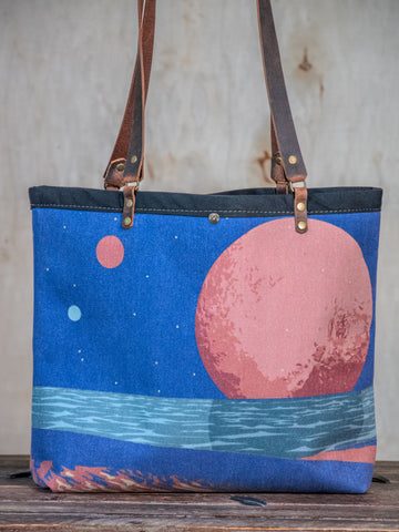 Canvas and Leather LARGE Farmer's Market Tote | Handprinted Spacescape