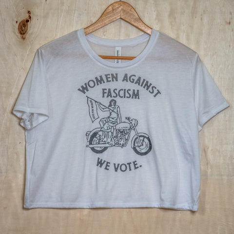 Handprinted Made in USA T-shirt | Women Against Fascism | White Flowy Crop | Motorcycle