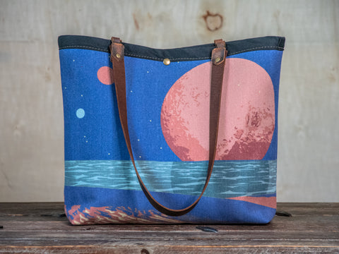 Canvas and Leather LARGE Farmer's Market Tote | Handprinted Spacescape