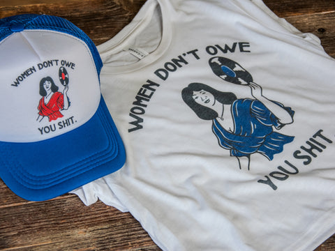 Handprinted Made in USA T-shirt | Women Don't Owe You | White Flowy Crop | Record