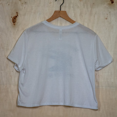 Handprinted Made in USA T-shirt | Women Don't Owe You | White Flowy Crop | Bird