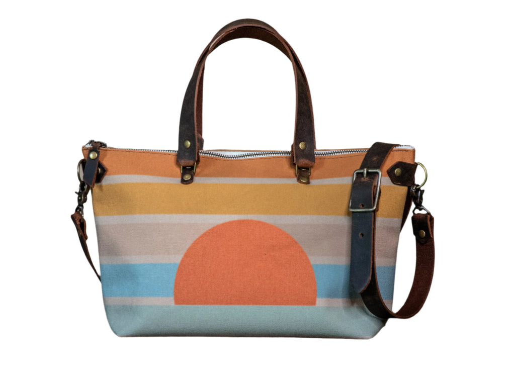 Ready to Ship | Bowler Handprinted | Crossbody Zipper Purse | Coastal Sunrise | In Blue + Camp Blue