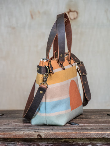 Ready to Ship | Bowler Handprinted | Crossbody Zipper Purse | Coastal Sunrise | In Blue + Camp Blue
