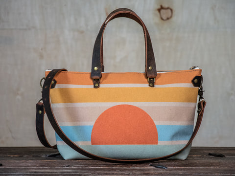 Ready to Ship | Bowler Handprinted | Crossbody Zipper Purse | Coastal Sunrise | In Blue + Camp Blue