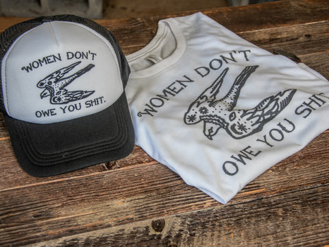 Handprinted Made in USA T-shirt | Women Don't Owe You | White Flowy Crop | Bird