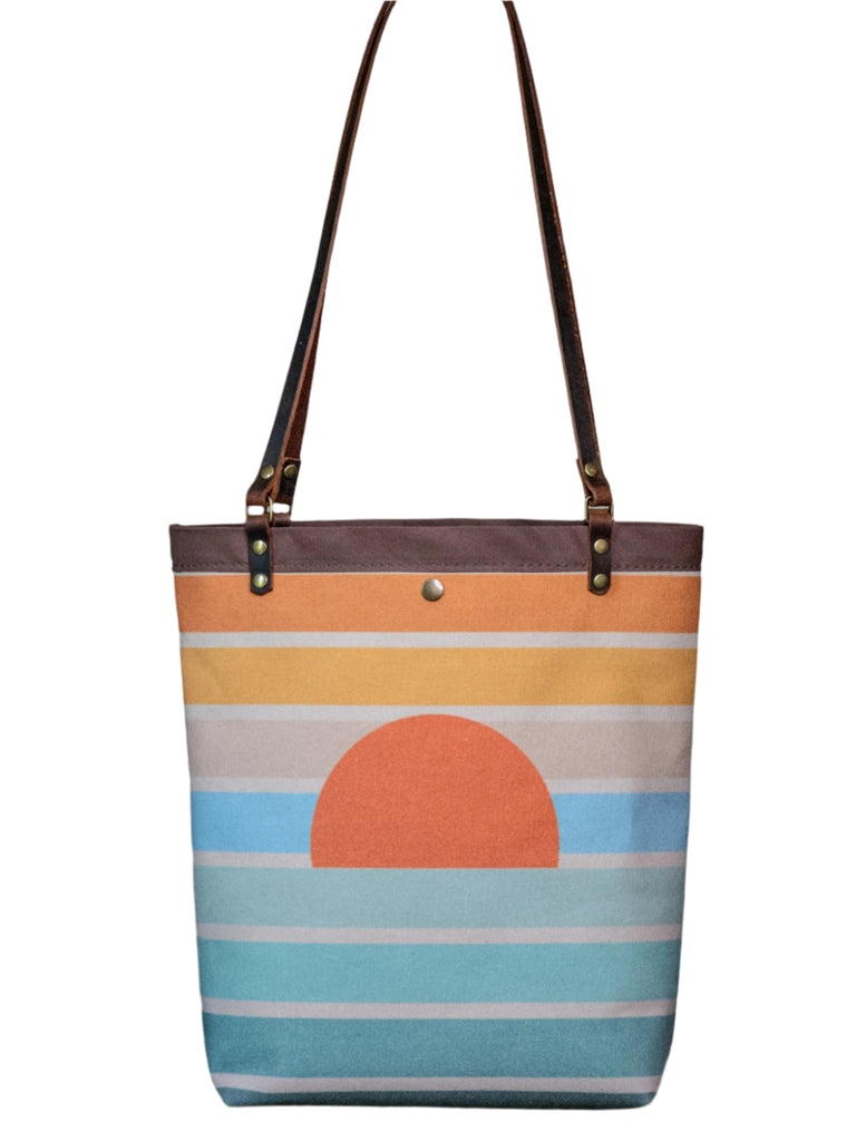 Ready to Ship | Canvas and Leather Tote Bag Coastal Sunrise | Handprinted | In Blue + Camp Blue collab