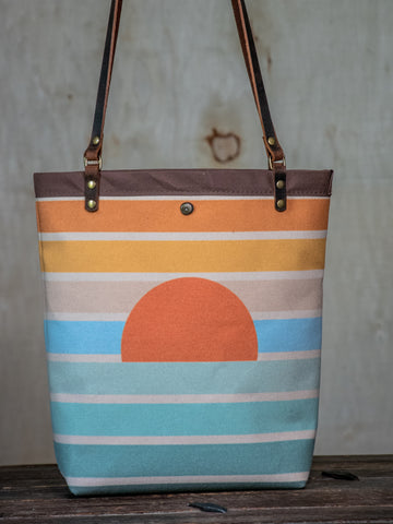 Ready to Ship | Canvas and Leather Tote Bag Coastal Sunrise | Handprinted | In Blue + Camp Blue collab