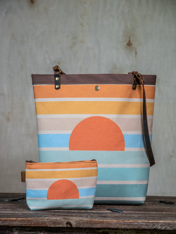 Ready to Ship | Canvas and Leather Tote Bag Coastal Sunrise | Handprinted | In Blue + Camp Blue collab