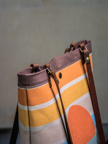 Ready to Ship | Canvas and Leather Tote Bag Coastal Sunrise | Handprinted | In Blue + Camp Blue collab