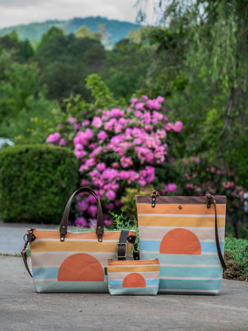 Ready to Ship | Bowler Handprinted | Crossbody Zipper Purse | Coastal Sunrise | In Blue + Camp Blue