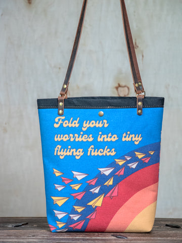 Ready to Ship | Canvas and Leather Tote Bag Flying Worries| Handprinted | In Blue + Camp Blue collab