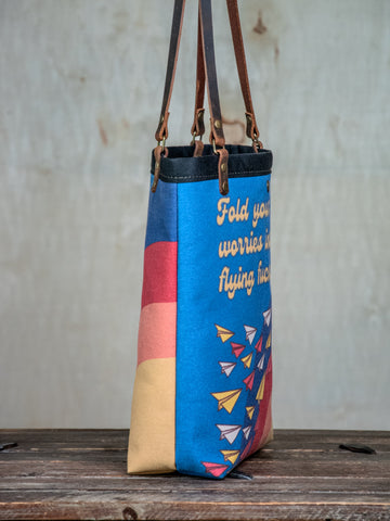 Ready to Ship | Canvas and Leather Tote Bag Flying Worries| Handprinted | In Blue + Camp Blue collab