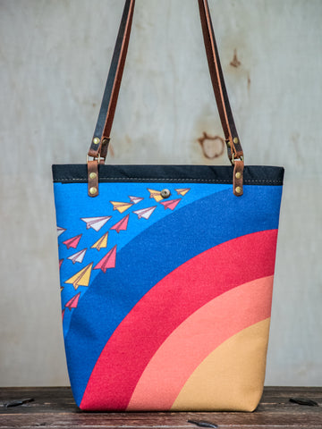 Ready to Ship | Canvas and Leather Tote Bag Flying Worries| Handprinted | In Blue + Camp Blue collab