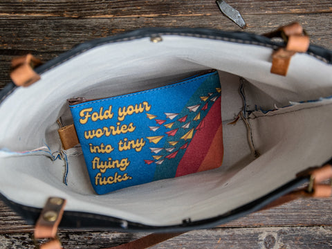 Ready to Ship | Canvas and Leather Tote Bag Flying Worries| Handprinted | In Blue + Camp Blue collab