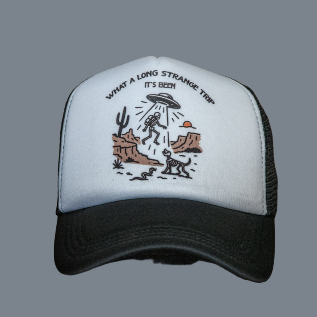 Trucker Hat | Hand Printed | Strange Trip | Black Hat