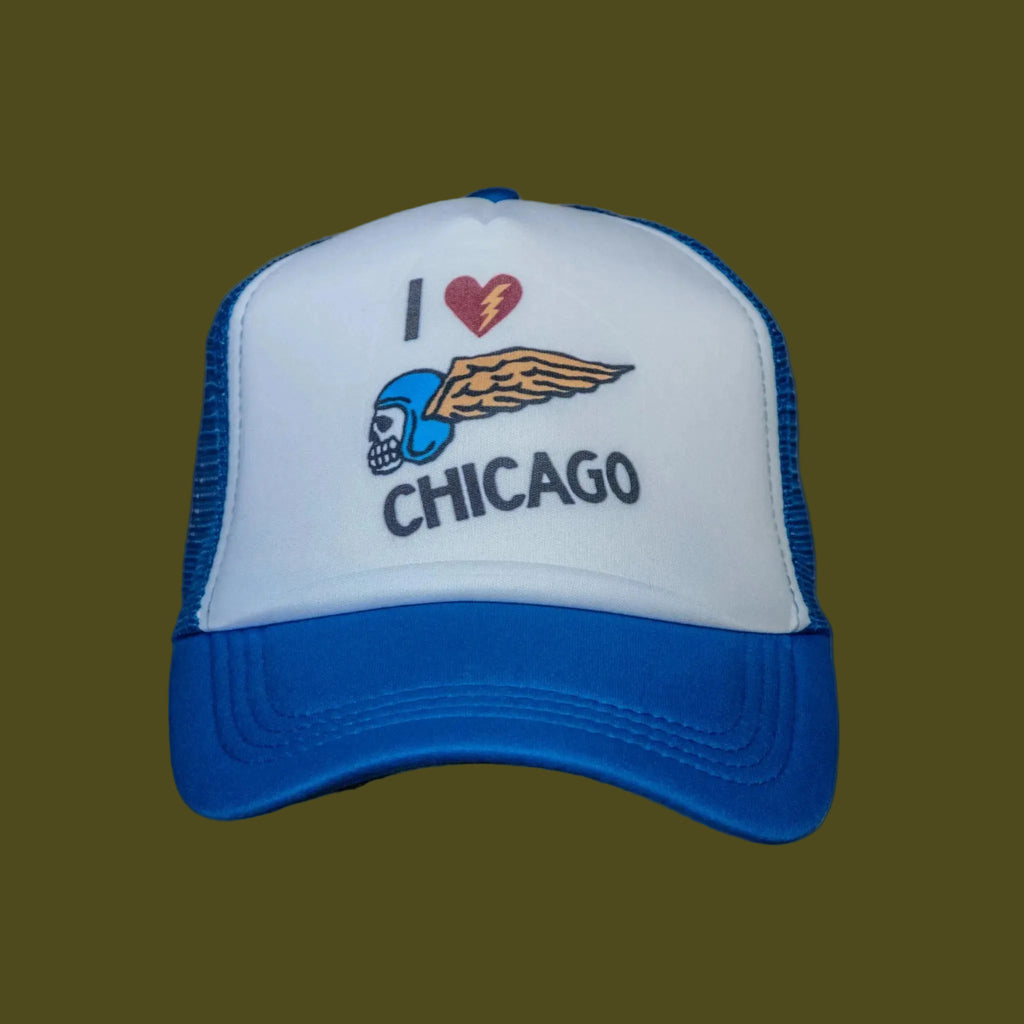 Trucker Hat | Hand Printed | I Love Chicago | Blue