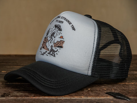 Trucker Hat | Hand Printed | Strange Trip | Black Hat