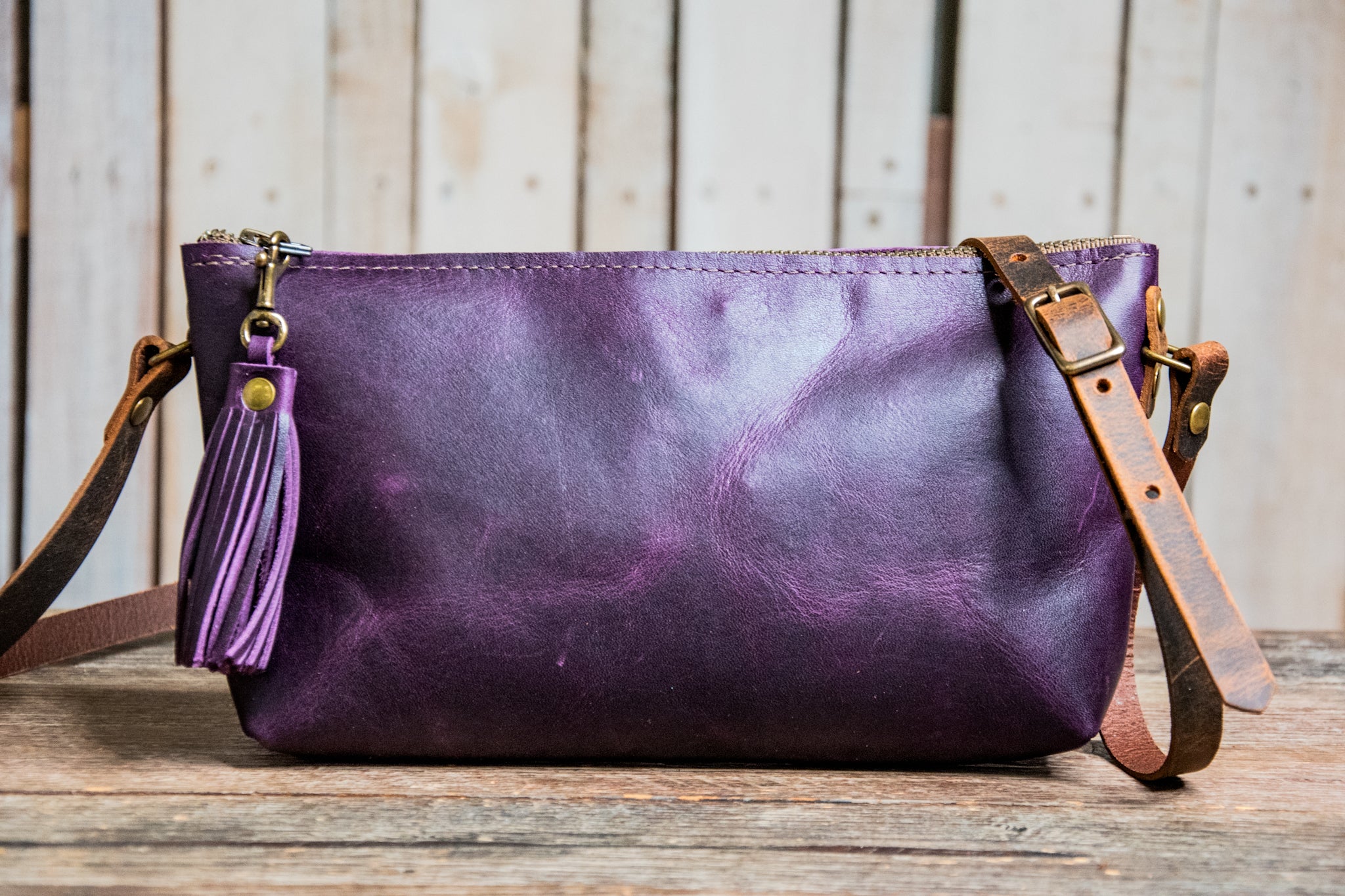 Limited Run Purple Rain Eco-Friendly Leather Crossbody Small Zipper Bag With Tassel