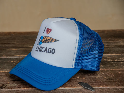 Trucker Hat | Hand Printed | I Love Chicago | Blue