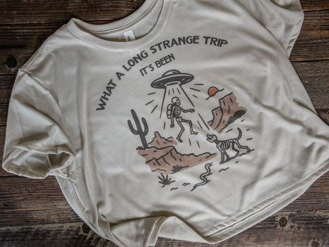 Handprinted Made in USA T-shirt | Strange Trip | Oatmeal Flowy Crop