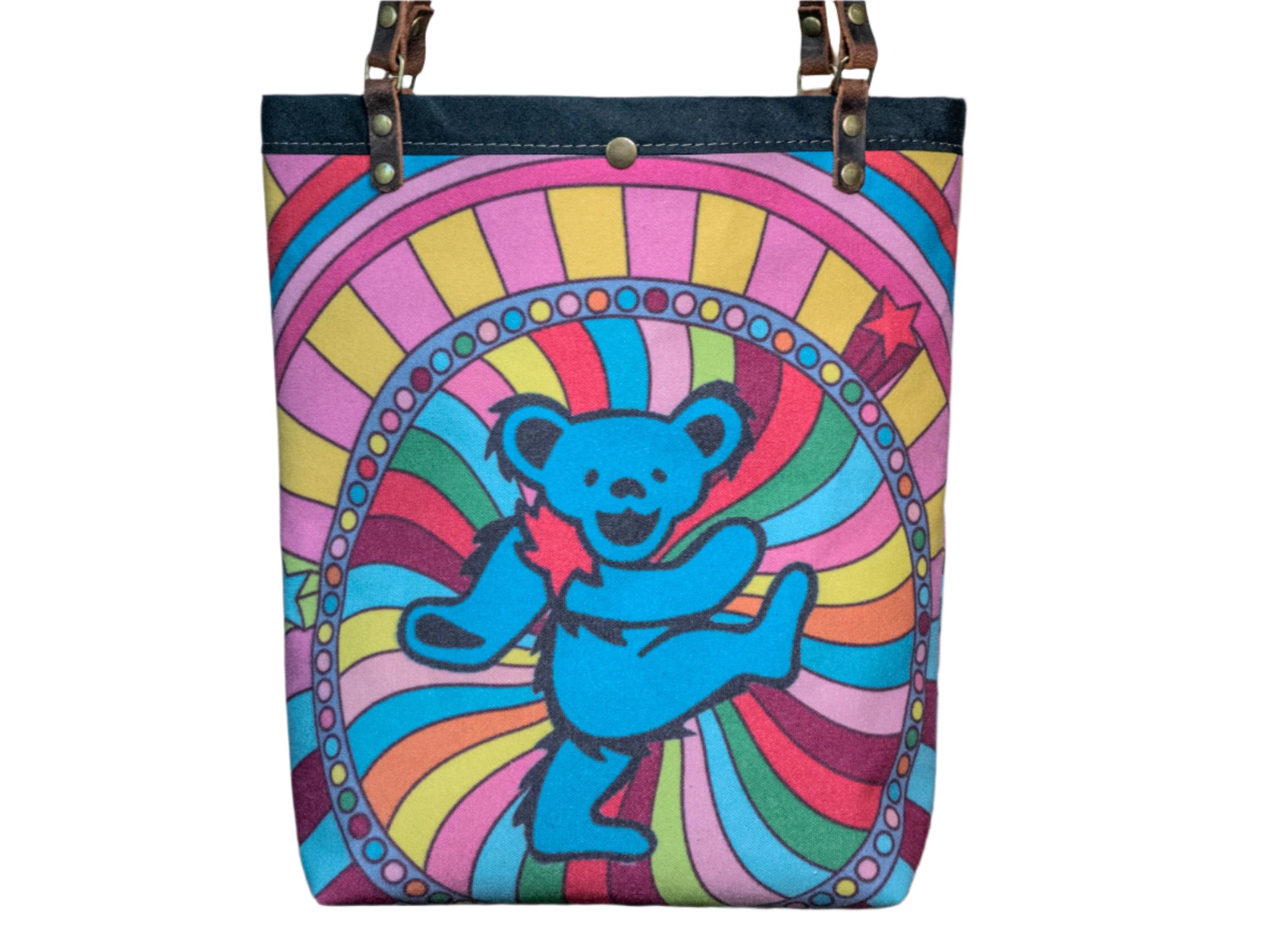 Limited-run Ready to Ship | Canvas and Leather tote Rainbow dance | Handprinted