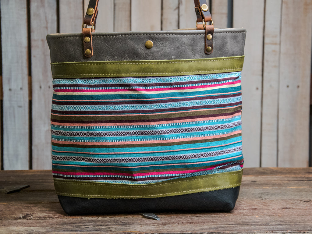Ready to Ship | Handmade Leather Tote Bag | Medium Classic | Della Fabric | S8
