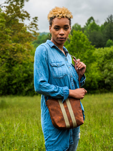 Small Zipper Tote| Nelson Crossbody Curved Purse | Chestnut & Sage