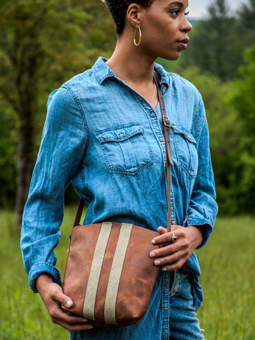 Small Zipper Tote| Nelson Crossbody Curved Purse | Chestnut & Sage