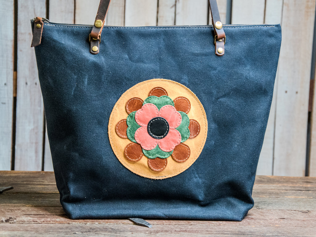 Ready to Ship | Handmade Waxed canvas and Leather Tote Bag | Large Minimalist | Krista Flower Medallion | S9