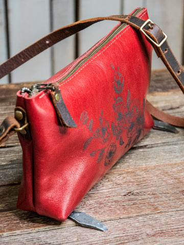 Ready to Ship | Small Handmade Leather Crossbody Zipper Bag | Wild Roses print Mini zip | S5