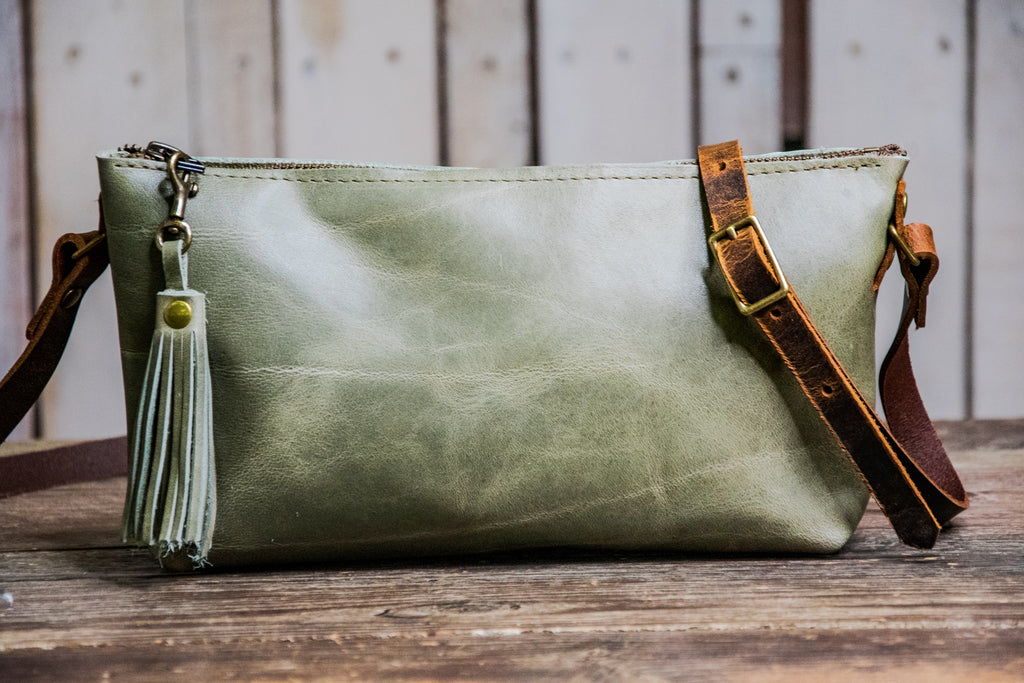 Limited Run SAGE Eco-Friendly Leather Crossbody Small Zipper Bag With Tassel
